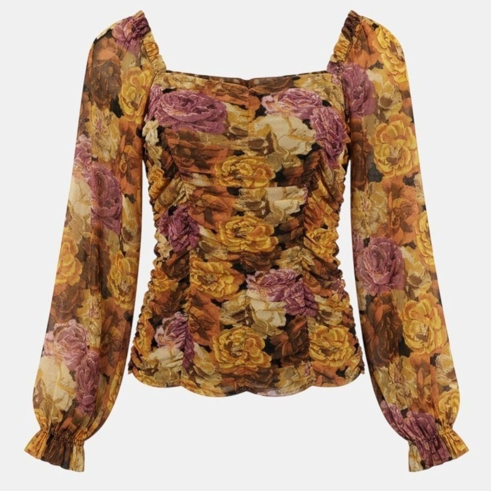 Jane + Delancey Women's M Floral Mesh Ruched Top Long Sleeve Square Neck Blouse